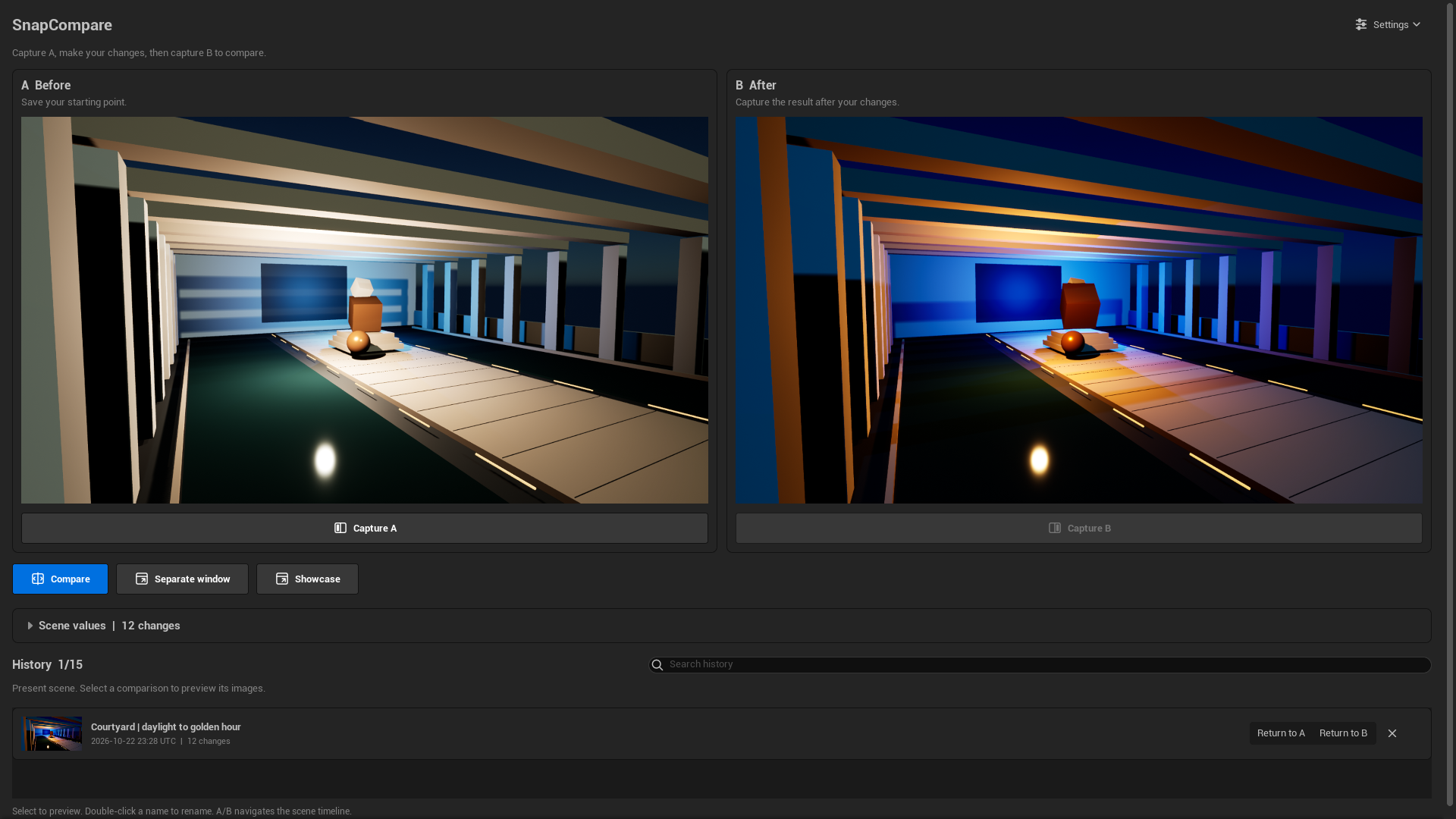 SnapCompare panel with A and B previews and comparison history