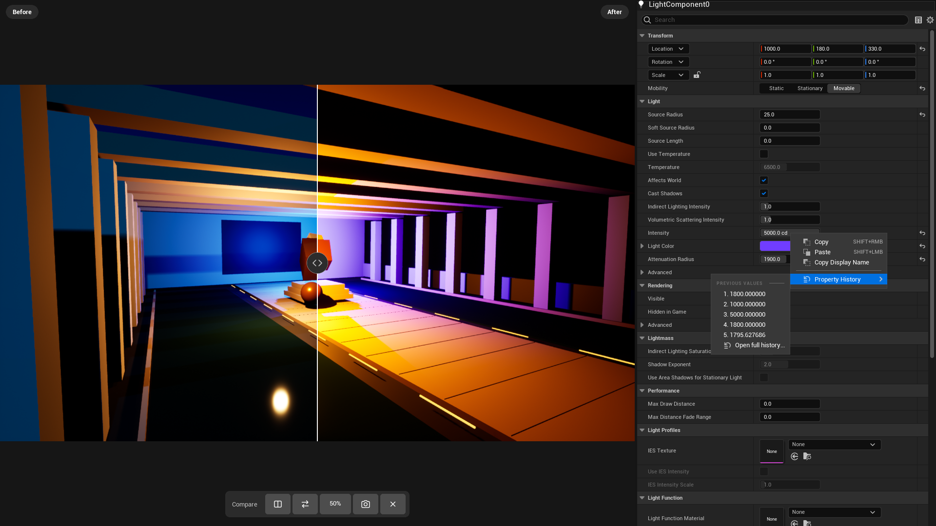 Light Intensity history in the native Unreal Details context menu