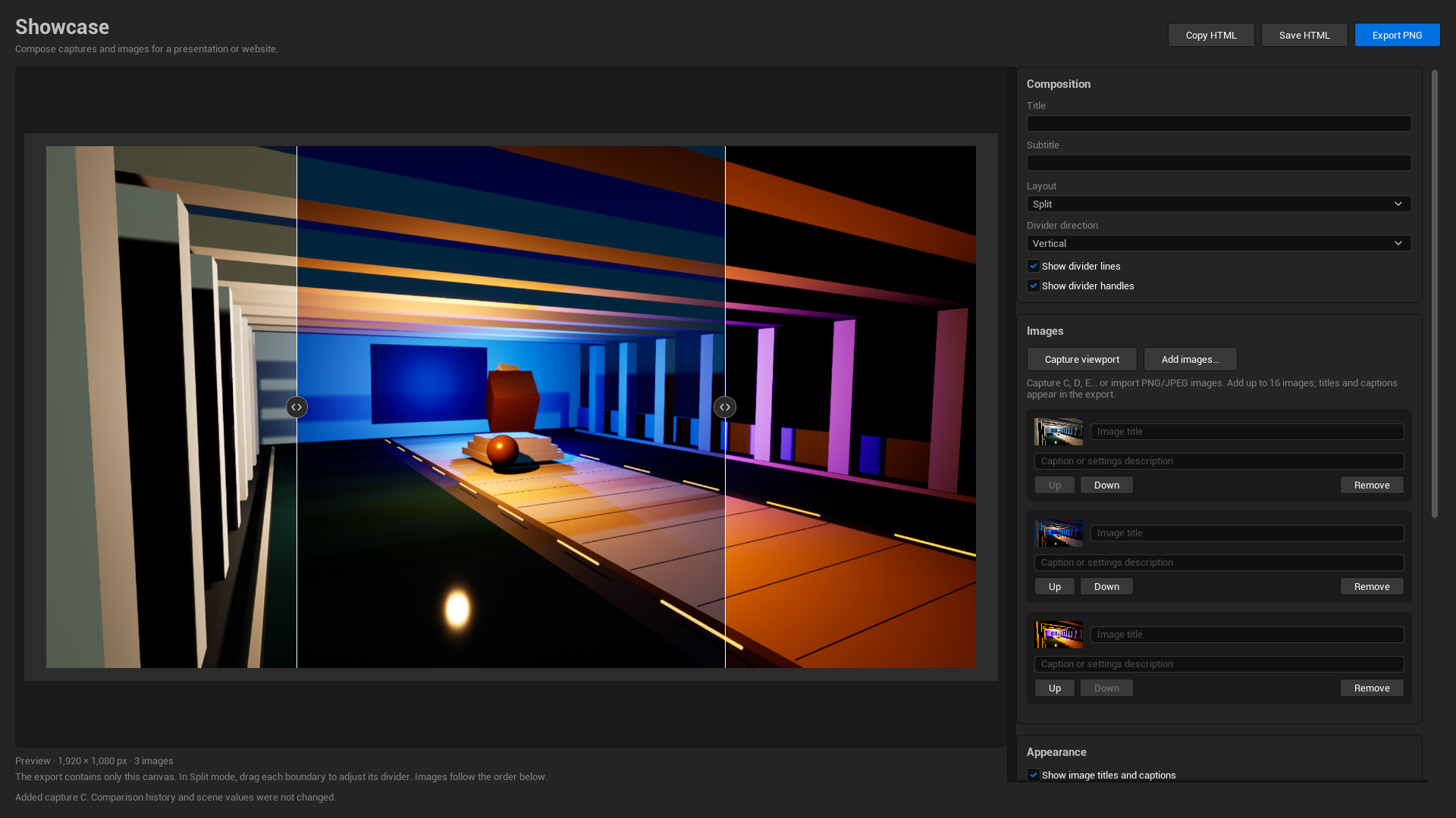 Showcase composer with image list and export controls